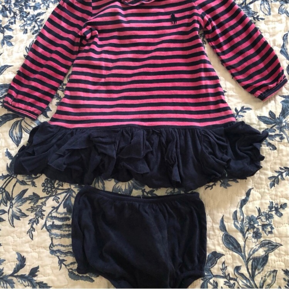 Ralph Lauren Pink and Navy Blue Striped Matching Dress Set with Ruffles